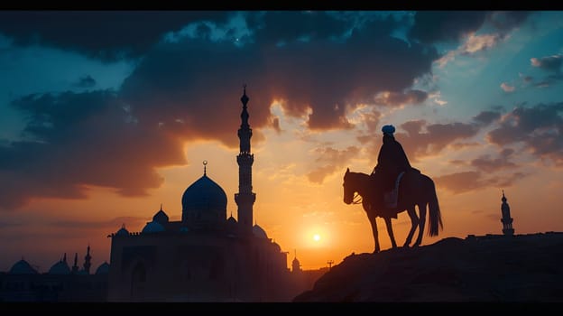 A silhouette of a rider on horseback against a sunset sky with a mosque in the background.
