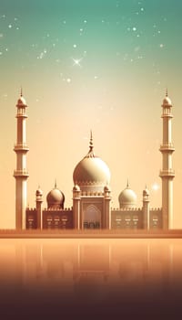 A majestic mosque with minarets and domes stands tall against a starry sky, its reflection in a still water adding to the serene beauty.