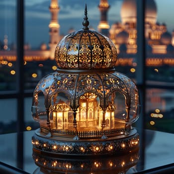 An ornate lantern with glowing lights in front of a city skyline at night.