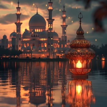 A golden lantern with intricate designs glows brightly against the backdrop of a majestic mosque illuminated at dusk. The reflection of the lantern and the mosque in the calm waters creates a serene and spiritual atmosphere