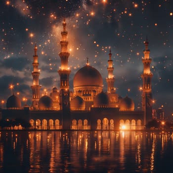 A breathtaking view of a mosque illuminated at night, its reflection shimmering on the still water. The sky is ablaze with countless stars, creating a magical atmosphere.