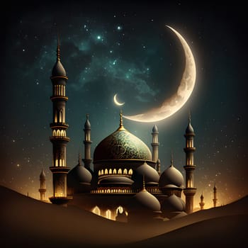 A magnificent mosque stands tall under a crescent moon in a starlit sky. The mosque's golden minarets and dome reach towards the heavens, creating a sense of awe and reverence.