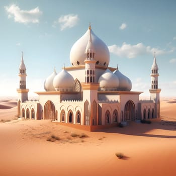 A white mosque with gold accents stands majestically in a vast desert landscape.