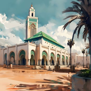 A beautiful illustration of a mosque in a sunny landscape, capturing the architecture and the spiritual atmosphere.