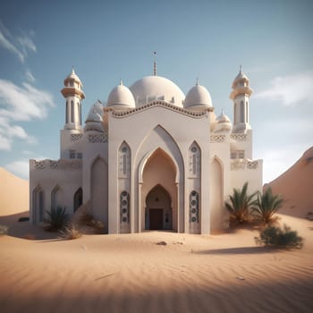 A white mosque stands majestically in the desert, surrounded by sand dunes. The building features intricate details and a dome, showcasing traditional Islamic architecture.