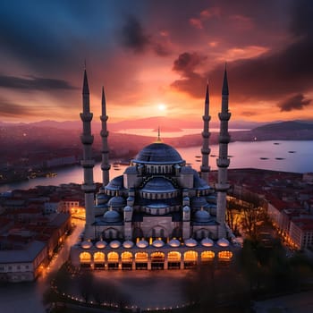 A stunning aerial view of the iconic Blue Mosque in Istanbul, bathed in the warm glow of a setting sun.