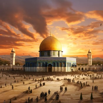 The Dome of the Rock in Jerusalem at sunset, a significant Islamic landmark and a symbol of faith.