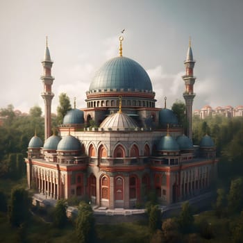 A magnificent mosque with intricate details and ornate architecture. The building boasts multiple domes, minarets, and intricate patterns. The mosque is surrounded by greenery and a clear sky. The architecture represents a rich history and the beauty of Islamic design.