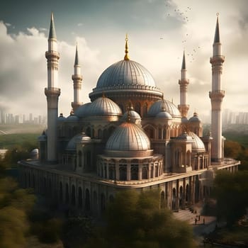 A majestic mosque with multiple domes and minarets, showcasing intricate architectural details and a sense of grandeur.