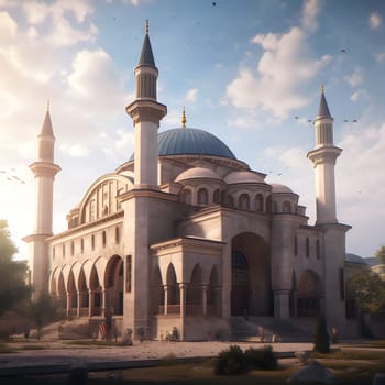 A mosque with a grand dome and multiple minarets, against a clear sky. The building is beautifully decorated and intricate details can be seen. People can be seen gathered around the mosque.