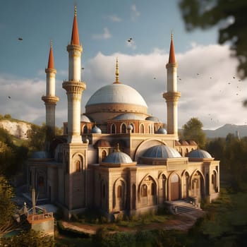 A stunning depiction of a mosque with intricate details and a majestic dome, surrounded by lush greenery and a serene sky.