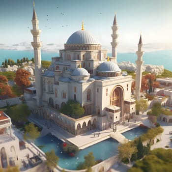 A magnificent mosque with intricate details stands tall against a clear blue sky, surrounded by lush greenery and a serene pond.