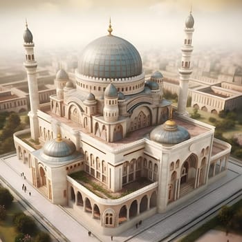 A grand mosque with multiple domes and minarets.