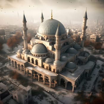 An aerial view of a magnificent mosque in a city, showcasing its intricate architectural details and the surrounding cityscape.