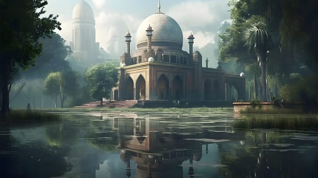 A serene digital artwork featuring a mosque by a tranquil lake, showcasing its reflection in the calm water.
