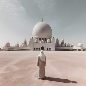 A man in traditional clothing stands in front of a magnificent mosque, looking up in awe and contemplation. The mosque is a symbol of faith, culture and spirituality, and the man's presence creates a sense of reverence and devotion.