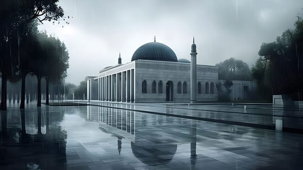A majestic mosque stands under a grey sky, rain reflecting off the wet stone and creating a peaceful atmosphere.