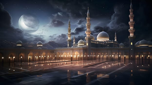 A majestic mosque illuminated by the soft glow of the moon at night, with a crescent moon shining brightly in the sky.