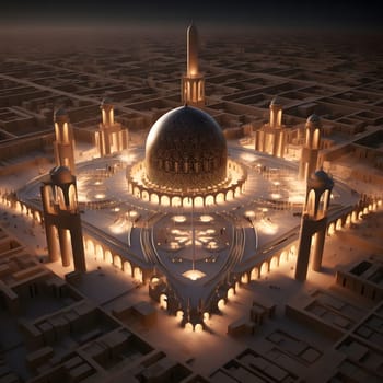 An aerial view of a grand mosque illuminated at dusk, capturing the intricate architecture and peaceful atmosphere.
