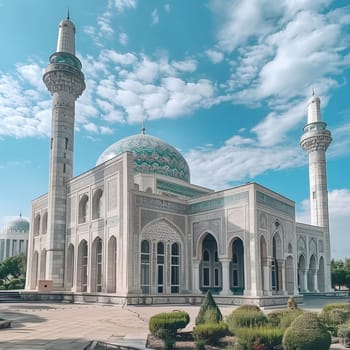 A beautiful mosque with intricate details and a minaret reaching towards the sky.