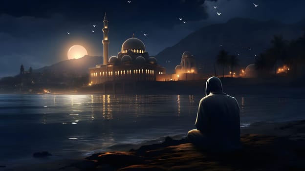A solitary man sits on the shore, gazing at a beautiful mosque illuminated by the moonlight.