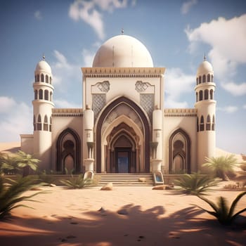 A white mosque stands tall in a desert setting, its intricate details and minarets reflecting the rich heritage of Islamic architecture.