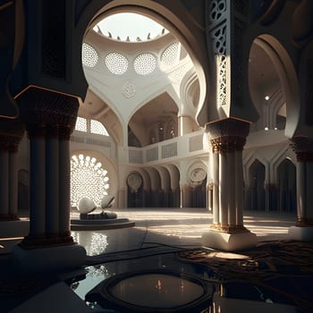The interior of a grand mosque with intricate architectural details, featuring arches, columns, and a dome. Light streams in through the windows, illuminating the space.