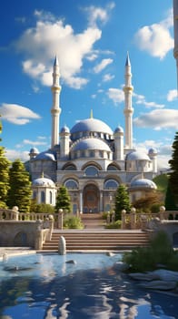 A beautiful mosque with intricate architecture and a peaceful pond in the foreground.