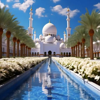 A stunning view of the Sheikh Zayed Grand Mosque in Abu Dhabi, showcasing its intricate architecture, reflecting pools, and serene surroundings.