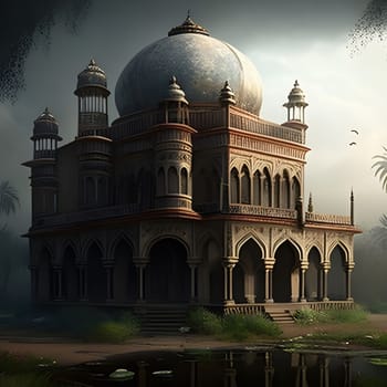 A majestic palace with ornate details and towering domes, standing amidst lush greenery. The architecture reflects ancient Indian traditions and evokes a sense of grandeur and history.