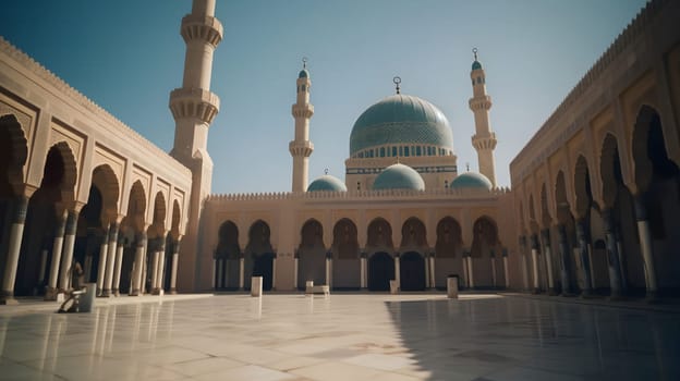 A spacious mosque courtyard with minarets and a dome in the Middle East. The courtyard is made of white stone and the building is decorated with intricate carvings and arches.