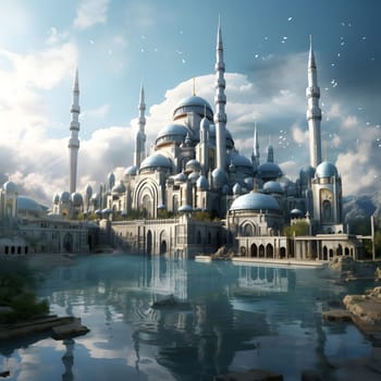 A serene mosque stands by the water's edge, reflecting its beauty in the still waters. The sky above is filled with soft, fluffy clouds, creating a tranquil atmosphere.