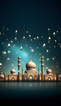 A beautiful illustration of a mosque with hanging lights, creating a serene and spiritual atmosphere.