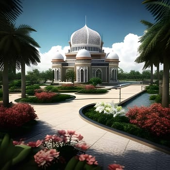 A 3D rendering of a mosque garden design, featuring a beautiful mosque with intricate details and lush landscaping.