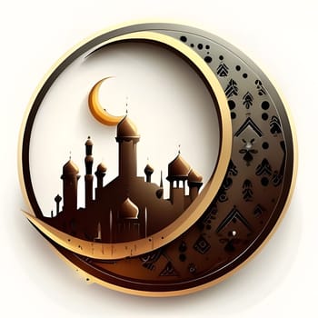 An illustration of a crescent moon and mosque, symbolizing Islamic faith and tradition.