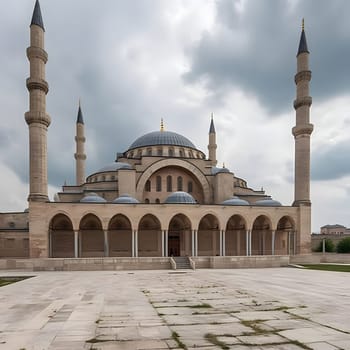 A magnificent mosque with multiple minarets, showcasing intricate architectural details and a grand dome. The mosque stands tall against a cloudy sky, embodying the rich history and culture of its location.