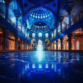 A majestic view inside the Blue Mosque with a beautiful reflection of the building in the water on the floor.