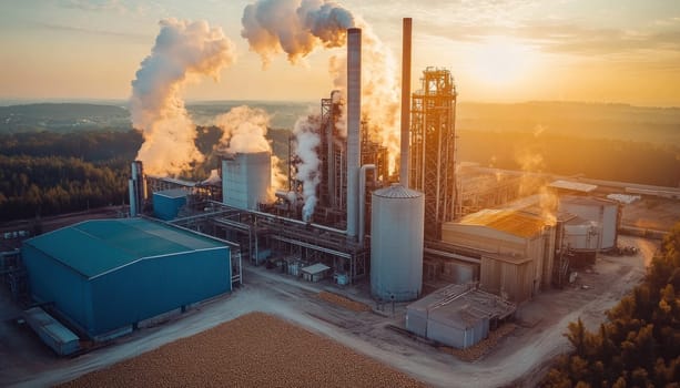 This is an aerial view that captures a factory with smoke billowing from its chimneys against a beautiful sunset