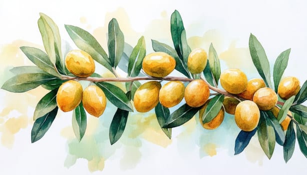 This watercolor painting features an olive branch with vibrant green leaves, showcasing natures elegance