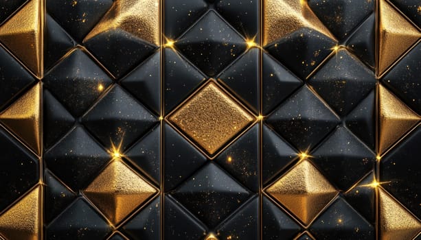 This is a detailed close up image showcasing a stunning black and gold quilted pattern design with intricate features