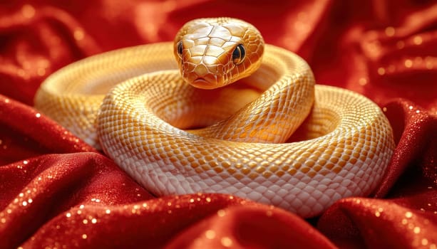 A detailed close up of a snake resting on a vibrant red cloth, showcasing its intricate scales and texture