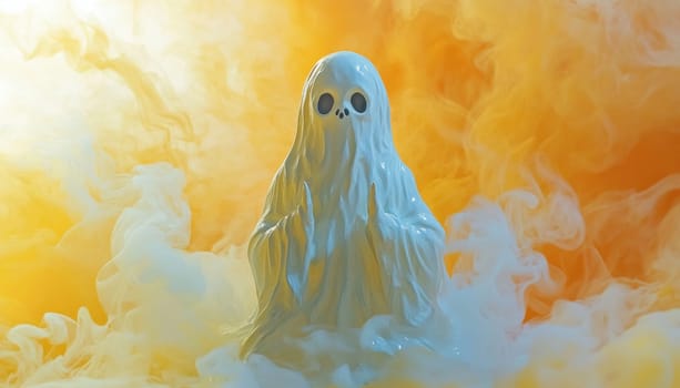 A white ghostly apparition, featuring a skull prominently on its face, is dramatically surrounded by swirling smoke
