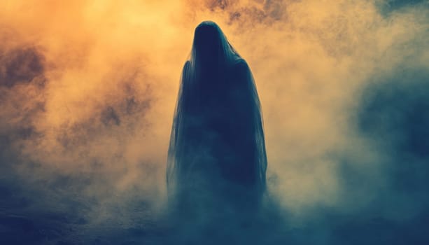 A hauntingly translucent ghostly figure stands ominously in the dense fog that envelops the sky above them