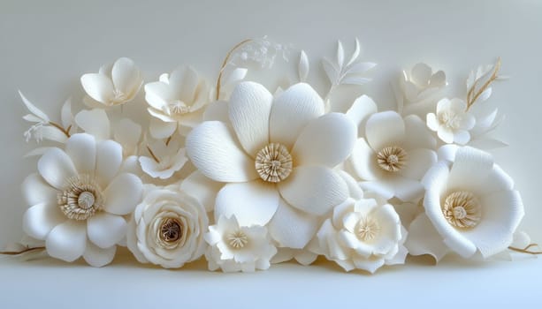 A beautiful arrangement of white flowers carefully displayed on a smooth white surface, creating a serene look
