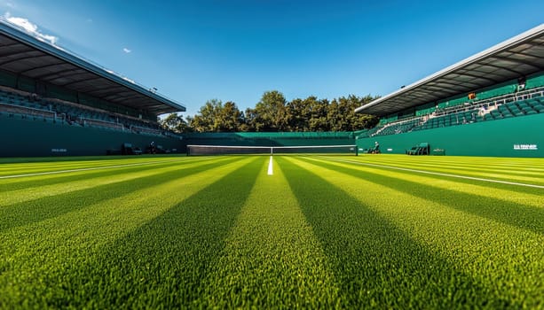 A beautifully maintained tennis court featuring lush green grass, with a large stadium visible in the background