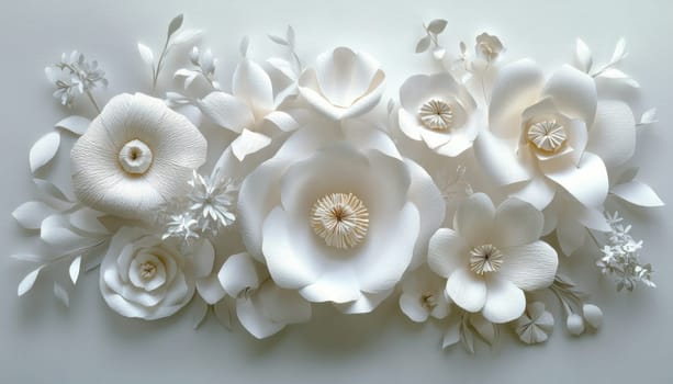 A beautiful arrangement of white flowers carefully displayed on a smooth white surface, creating a serene look