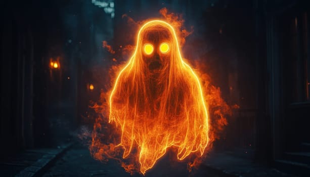 An eerie ghost that is made up entirely of mystical flames is standing in the total darkness of the night