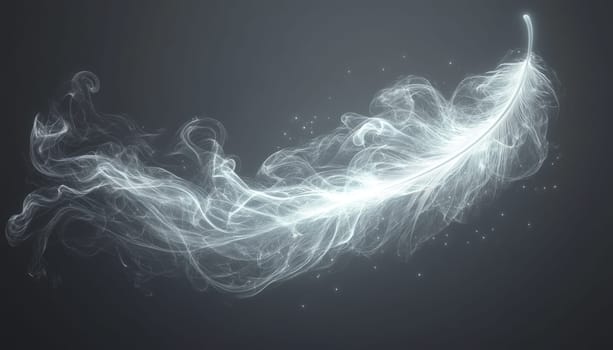 A white feather surrounded by a plume of smoke rising from it, all set against a stark black background