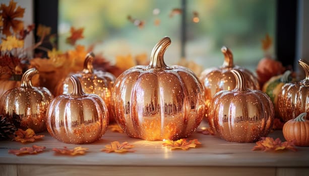 A delightful assortment of pumpkins is sitting atop a mantle, accompanied by beautiful leaves all around
