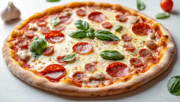 A delicious pepperoni pizza topped with ample cheese and fresh basil placed on a wooden table for serving